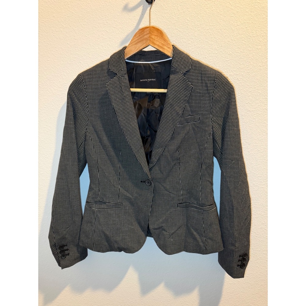 Banana Republic Womens Petite 00P Black White Houndstooth Single Button Blazer